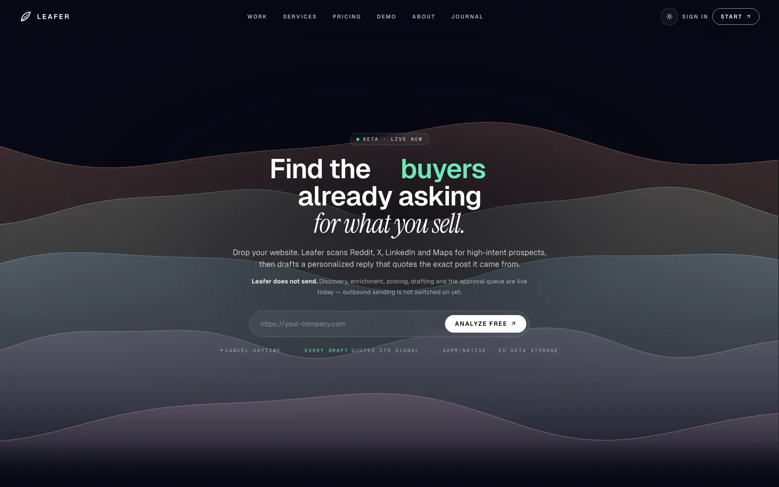 Leafer, Landing page, dark theme